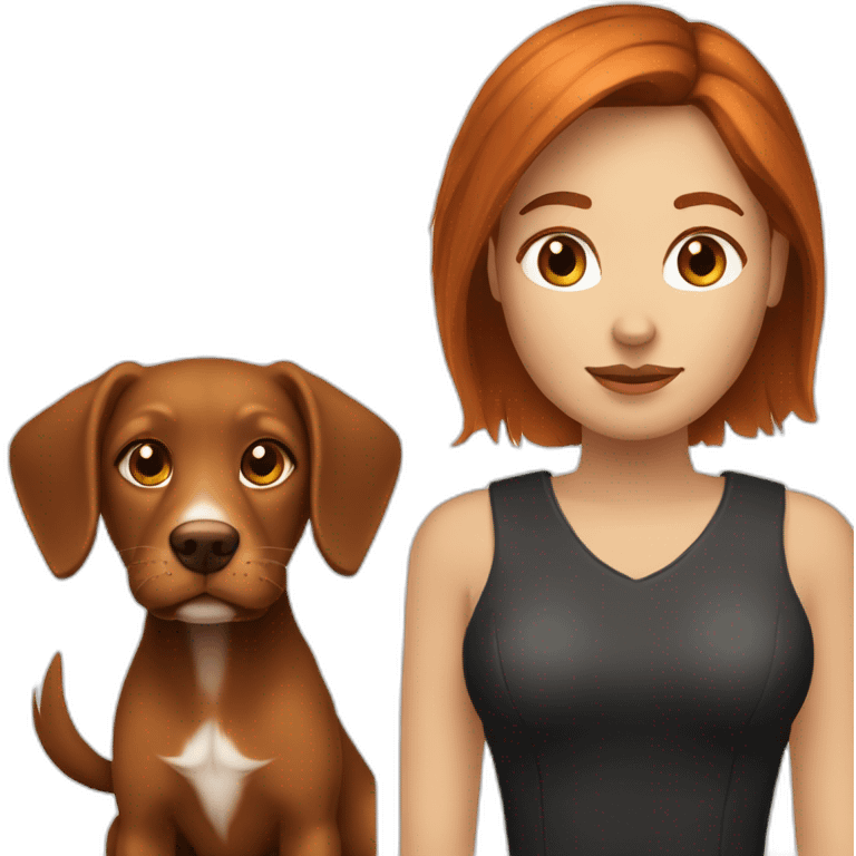 Femme rousse aux cheveux long avec son chien noir et marron emoji