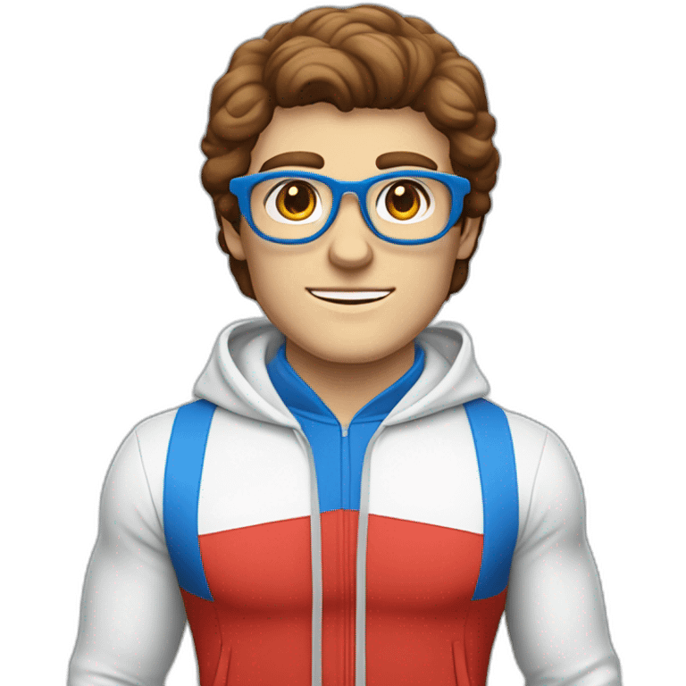 retro 70s blue and red gym clothes for a modern white brunette uni male student with glass emoji