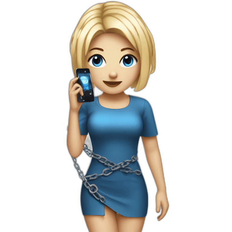 techno music girl with very short blue dress and square blonde haircut and chained phone emoji