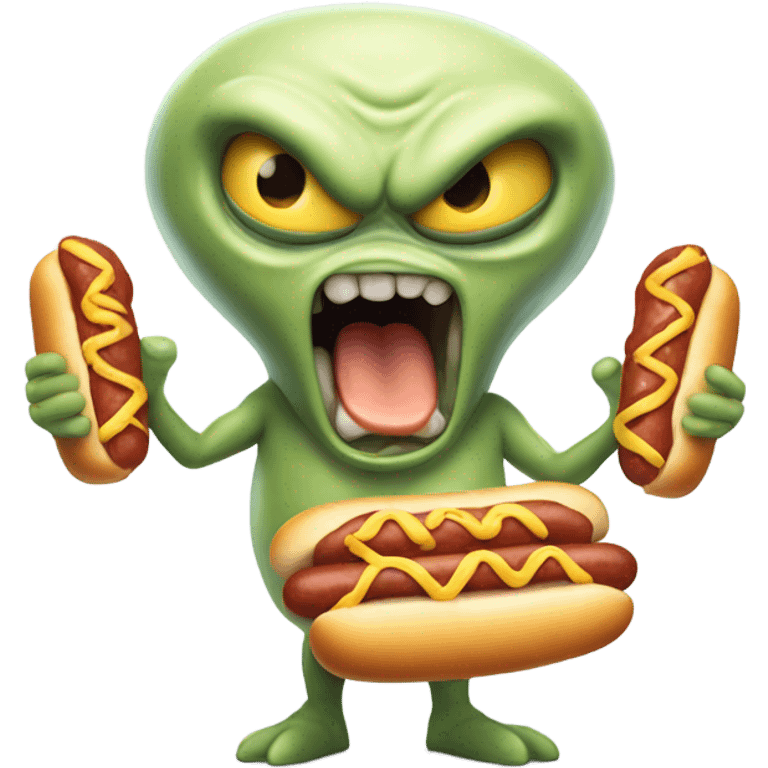 Angry cheese alien holding hotdogs  emoji