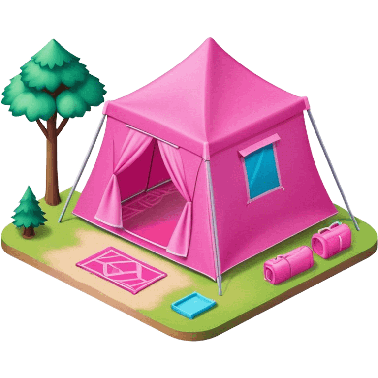 Isometric exterior view of hot pink Barbie campsite emoji