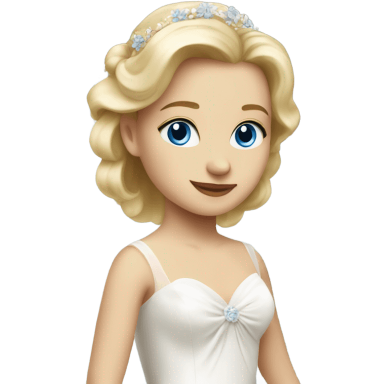 Beautiful blond girl with blue eyes and bowed wedding dress from height  emoji