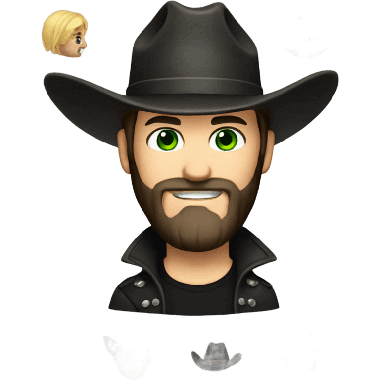 Caucasian male with green eyes, a black beard dressed as a cowboy with short hair, western hat black emoji