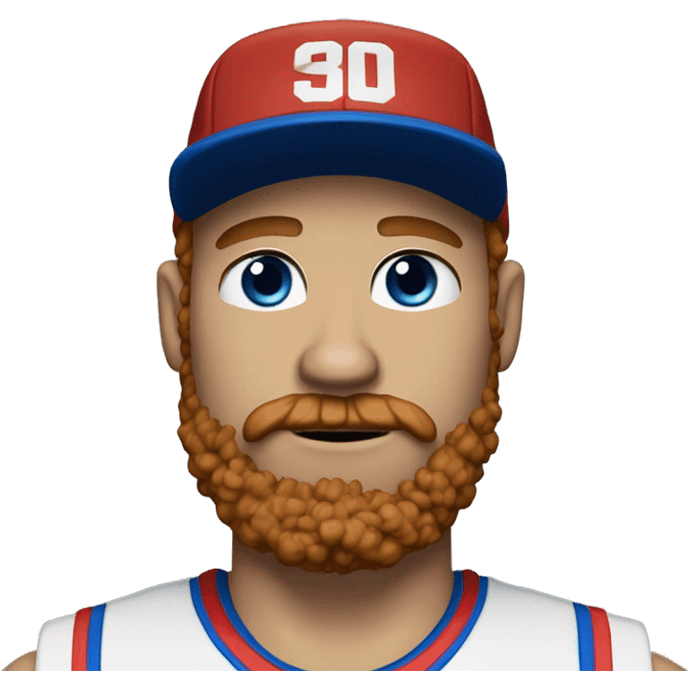 35 years old, male, short curly red hair, black basketball hat, blue eyes, pale complexion, thick beard and thin mustache emoji