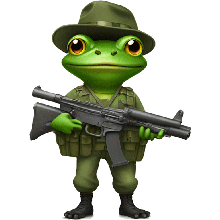 A frog with a gun in the milatary emoji