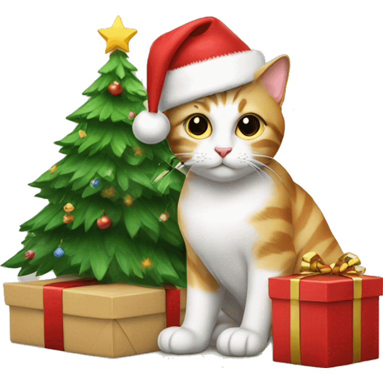 Cat sat under a Christmas tree next to a present emoji