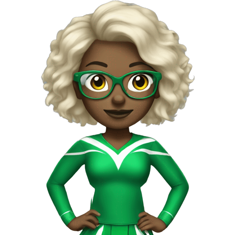 African American cheerleading with green cheerleading outfit and clear glasses emoji