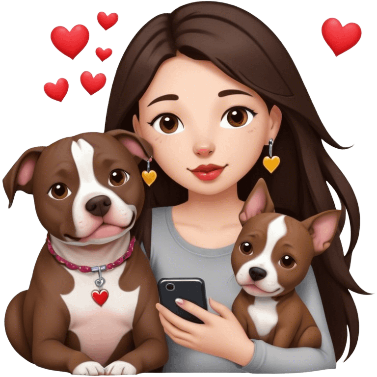 Young girl with long dark brown layered hair hair sits with her one dog who is a pretty girl pitbull with her cell phone in her hand in a small septum ring in her nose was hearts flying all around her emoji