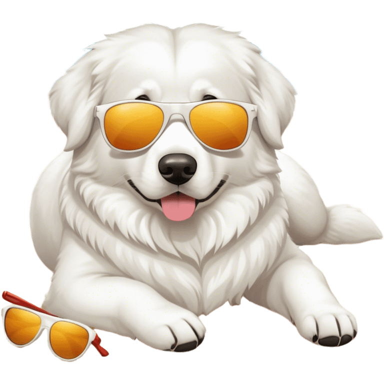 Great white ￼ Pyrenees dog lounging on the beach wearing sunglasses emoji