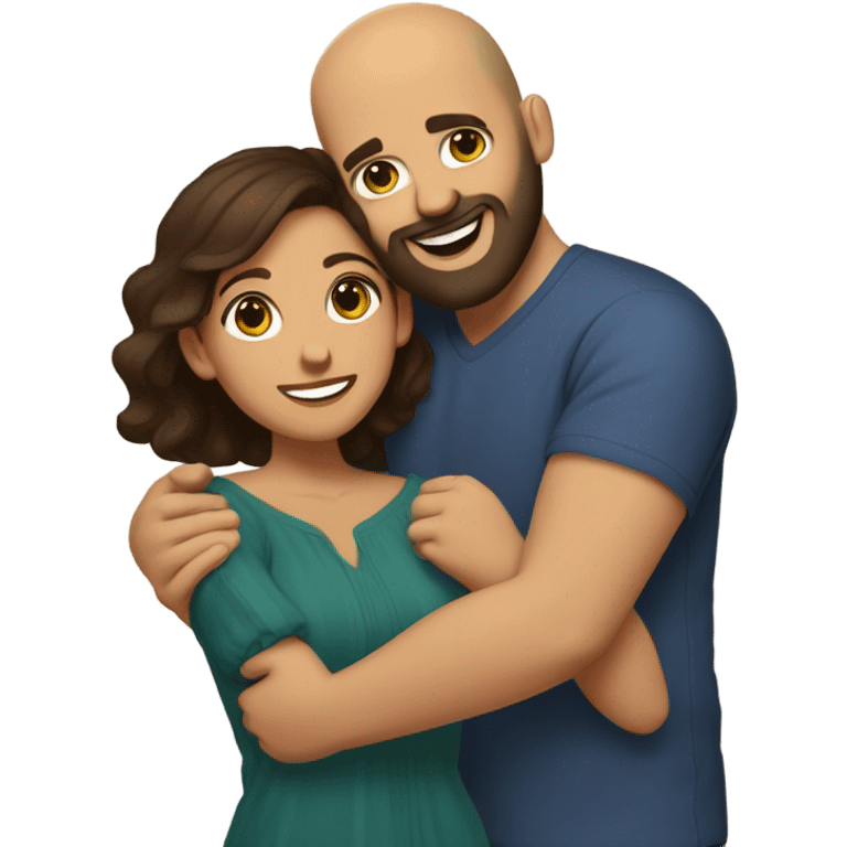 Brown-haired Puerto Rican woman with dark brown eyes wearing a cute blouse giving comforting hug to short, bald man with brown eyes, laugh lines, and a beard emoji