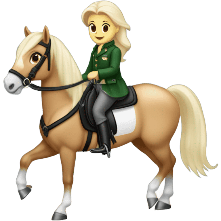 Un cheval Palomino en tain de galoper il a un tapis noir à paillettes sur le dos, sa cavalière qui est sur lui est une fille blanche avec les cheveux marrons elle porte un pantalon noir et un haut vert sapin  emoji