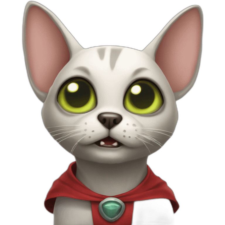 cartoon alien cat-dog with no ears, big fangs and a cape emoji