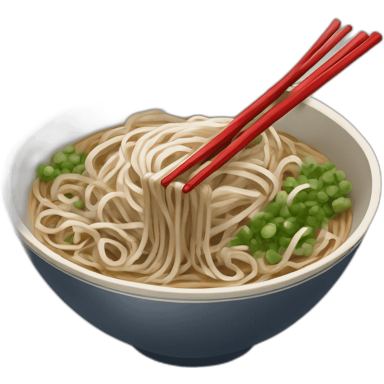 bowl of japanese buckwheat soba noodles with one pair of chopsticks and spring onions emoji