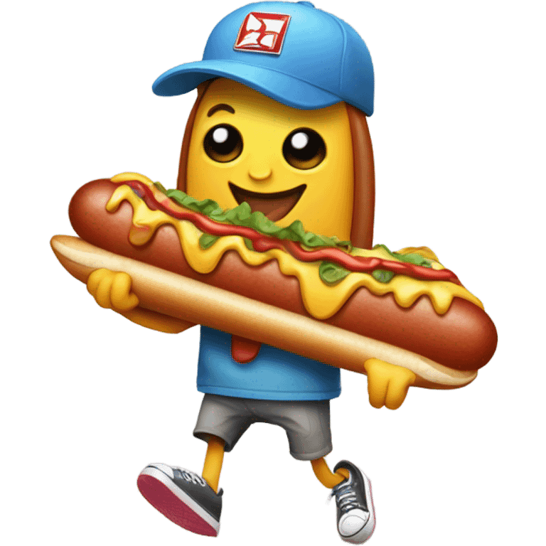 A cartoon hotdog skateboarding while holding a dog on a leash emoji