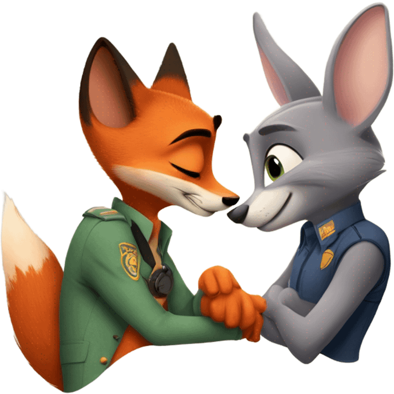 Nick Wilde the orange fox from Zootopia and Judy Hopps the grey bunny from Zootopia hugging each other emoji