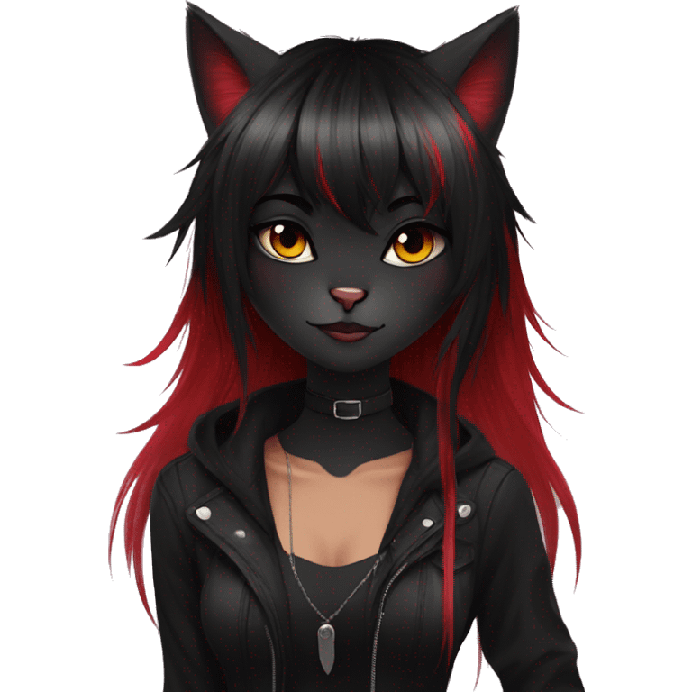 Anthro Edgy Cool Beautiful Black Cat-Fursona with Emo Hair-bangs with Red Streaks emoji