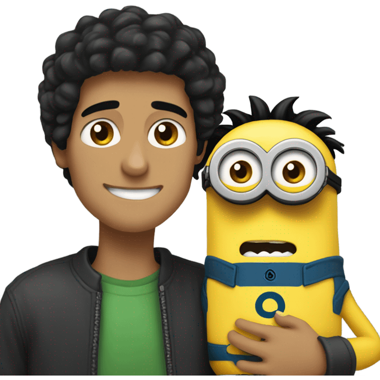 white male, brown eyes, black hair hugging and holding a minion with green eyes emoji