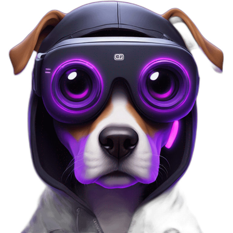 funny dog wearing a black hoodie with "OMG" letters on it and VR headset in a cyberpunk VR environment with violet neon lighting. emoji