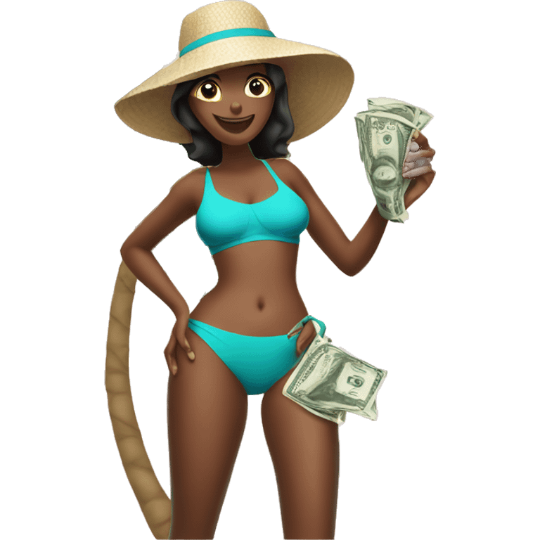 Tropical drink wearing a women’s swimsuit holding a rolled up dollar bill emoji