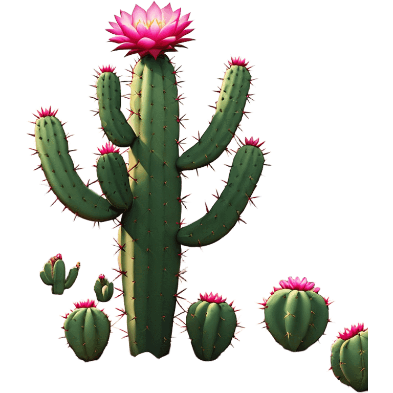 Cinematic Realistic Cactus Emoji, Tall and spiny, with thick, rounded stems covered in sharp spines. Bright flowers bloom at the tips of some branches, adding a pop of color against the desert backdrop. Soft glowing outline, capturing the essence of strength, survival, and desert beauty in a striking cactus! emoji