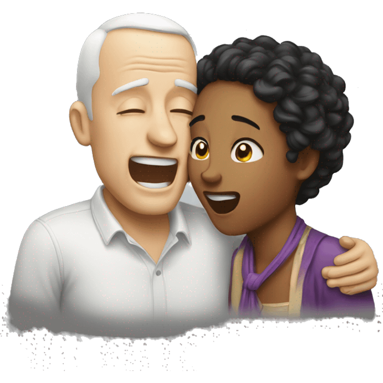 White man crying with woman laughing emoji