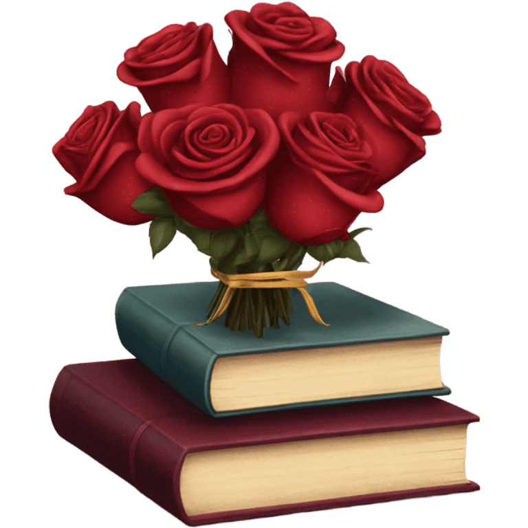 A red stack of books with a maroon bouquet of vintage-style roses and a silk ribbon emoji