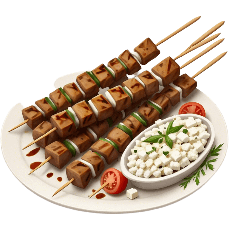 Souvlaki Cinematic Realistic Souvlaki Dish Emoji, depicted as skewered, grilled meat served with a side of crumbled feta cheese, rendered with rich textures and dynamic, appetizing lighting. emoji