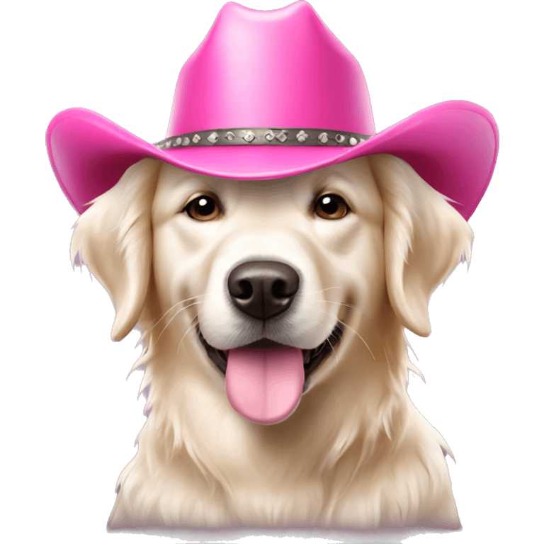 White golden retriever wearing pink cowboy hat emoji