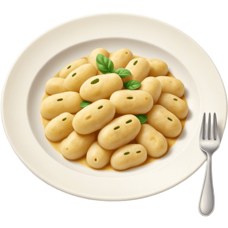 Gnocchi Cinematic Realistic Gnocchi Dish Emoji, depicted as tender oblong potato gnocchi garnished with iconic fork marks on top, rendered with soft textures and warm, inviting lighting. emoji