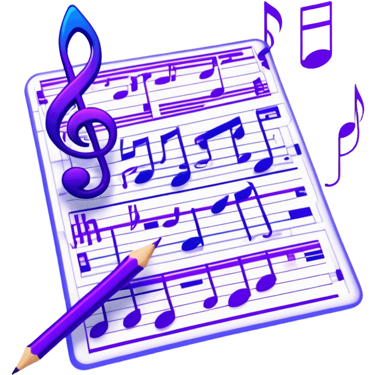 Emoji that represents music track writing. The design should feature a music composition sheet with musical notes and lyrics, a digital audio workstation (DAW) interface or soundwaves, and a pencil or pen to symbolize the writing process. Add a touch of technology with subtle elements like sound mixing sliders or waveform graphics. Use a blend of vibrant and inspiring colors, such as electric blue or neon purple, to evoke a sense of creativity and innovation. The background should be transparent. emoji