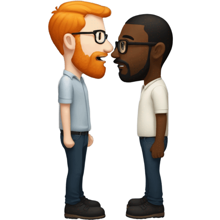 A bearded short hair ginger man with glasses giving a kiss to a slightly taller black man with short Beard emoji