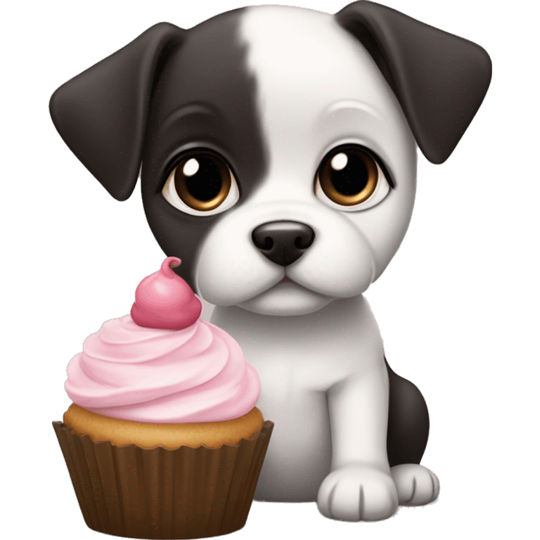 Cute big eyed Black and white teddy Roosevelt terrier puppy (no brown) eating a cupcake emoji