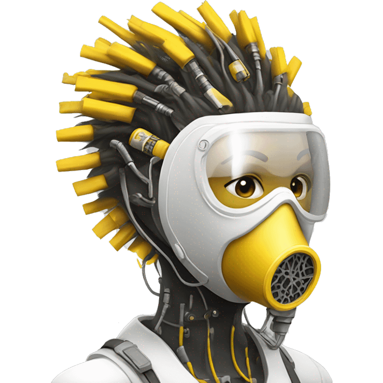 Dark yellow Mohawk female cyborg head with white respirator mask and circuits emoji