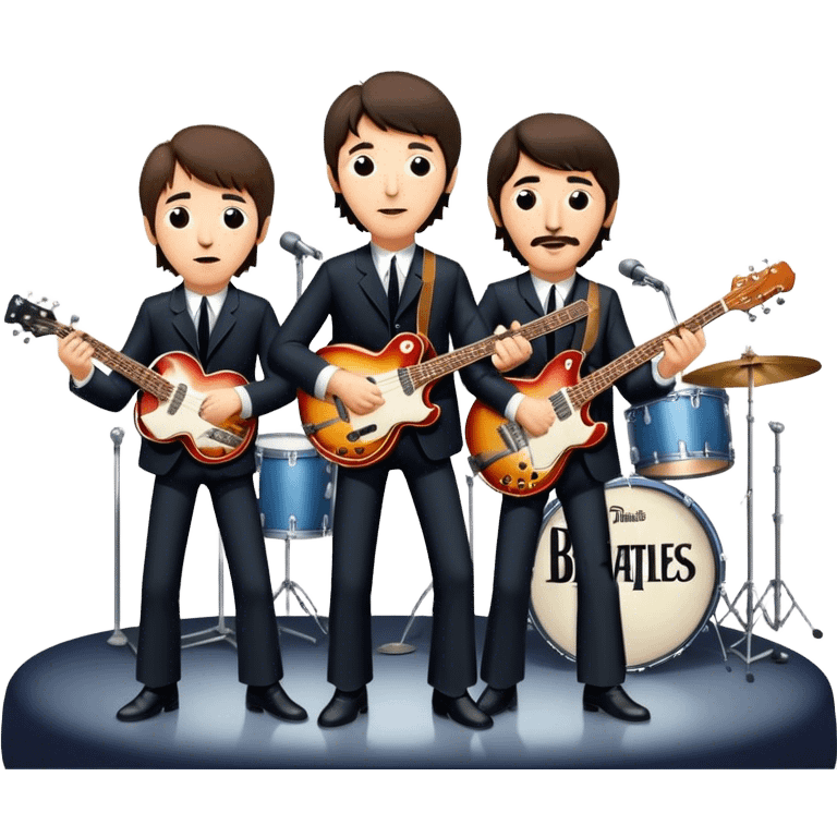 Rock music icon: The Beatles performing live on stage. John Lennon with guitar, Paul McCartney with bass, George Harrison with guitar, Ringo Starr on drums. Bright lights, energetic performance. Transparent background. emoji