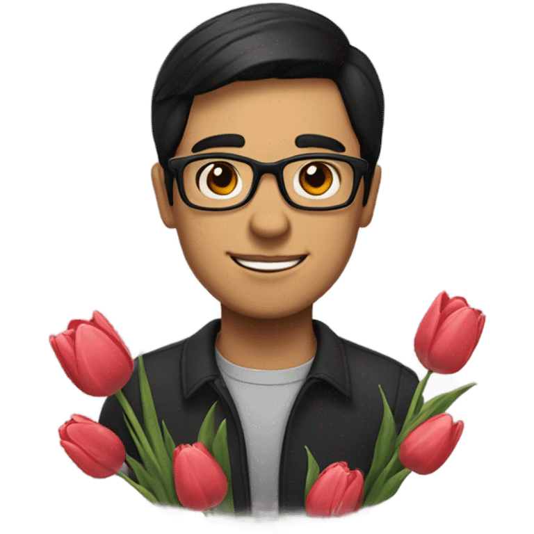 A man with glasses and black hair holding tulips emoji