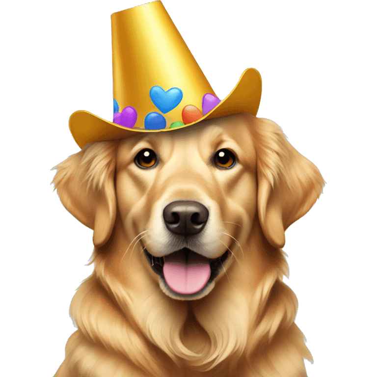 Golden Retriever wears a party hat emoji