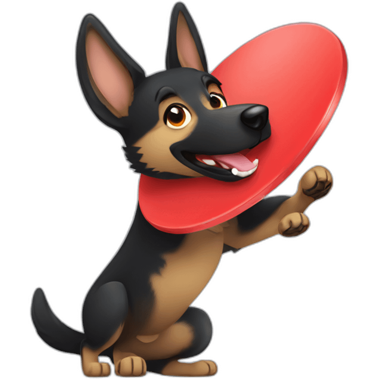 All black German shepherd catching a red frisbee emoji