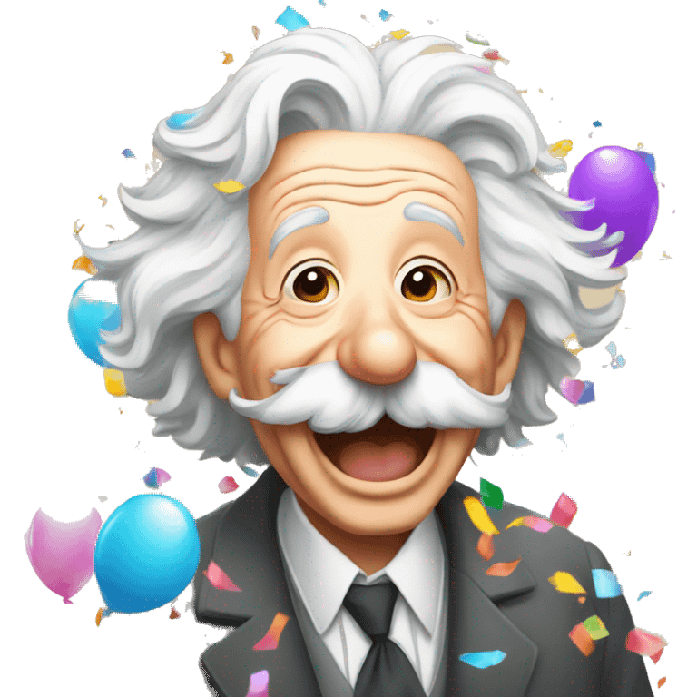 happy albert einstein with colorful confetti and partty baloons emoji