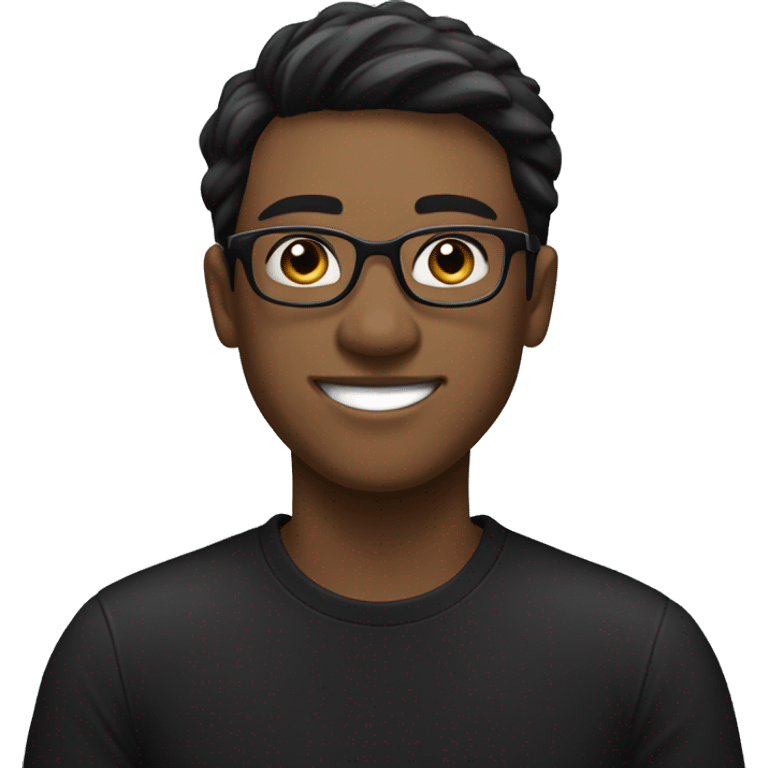 young man with a ivory white and a friendly, confident smile. He has short dark hair and is wearing round glasses. He's dressed in a plain black t-shirt and has his arms crossed emoji