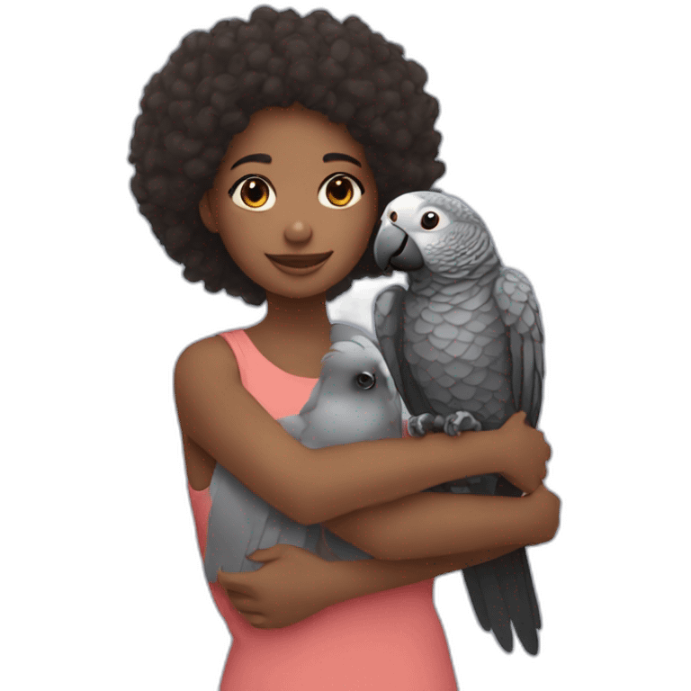 Black girl hugging an African grey parrot emoji