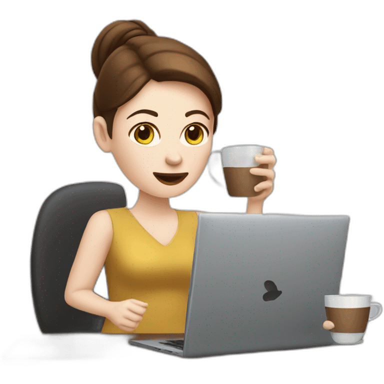 woman with pale skin and brown hair behind a computer juggling with coffee cups emoji