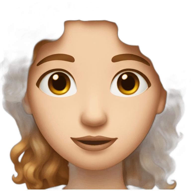 A white woman with brown wavy hair, a strand of hair covering the left eye, and making a heart symbol with her hands emoji