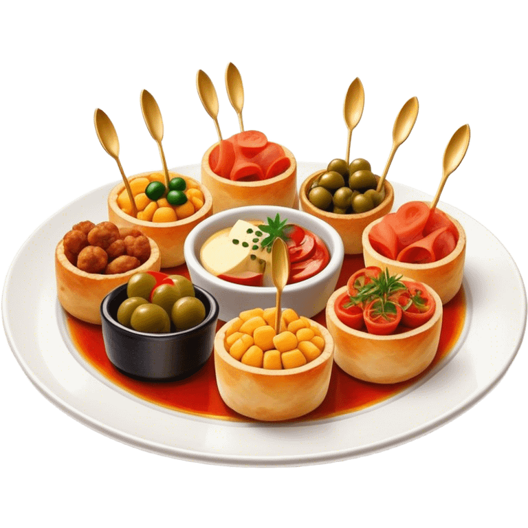 Tapas (4 Pintxos) Cinematic Realistic Tapas Dish Emoji, depicted as an assortment of 4 pintxos elegantly arranged on a plate, rendered with lifelike textures and vibrant, inviting lighting. emoji