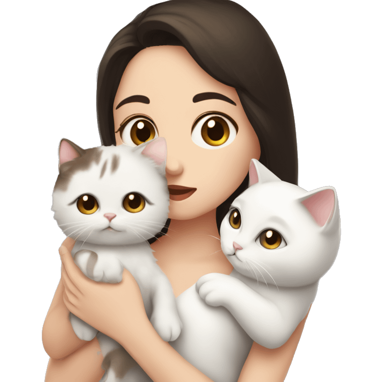 A pale girl with dark brown hair and dark brown eyes holds and kisses a white cat in her hands  emoji