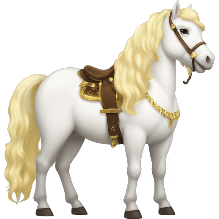 Fatty white pony with blonde hair. It needs to be a complete pony, with a gold crown and lots of jewelry. It needs to have a red and gold saddle emoji