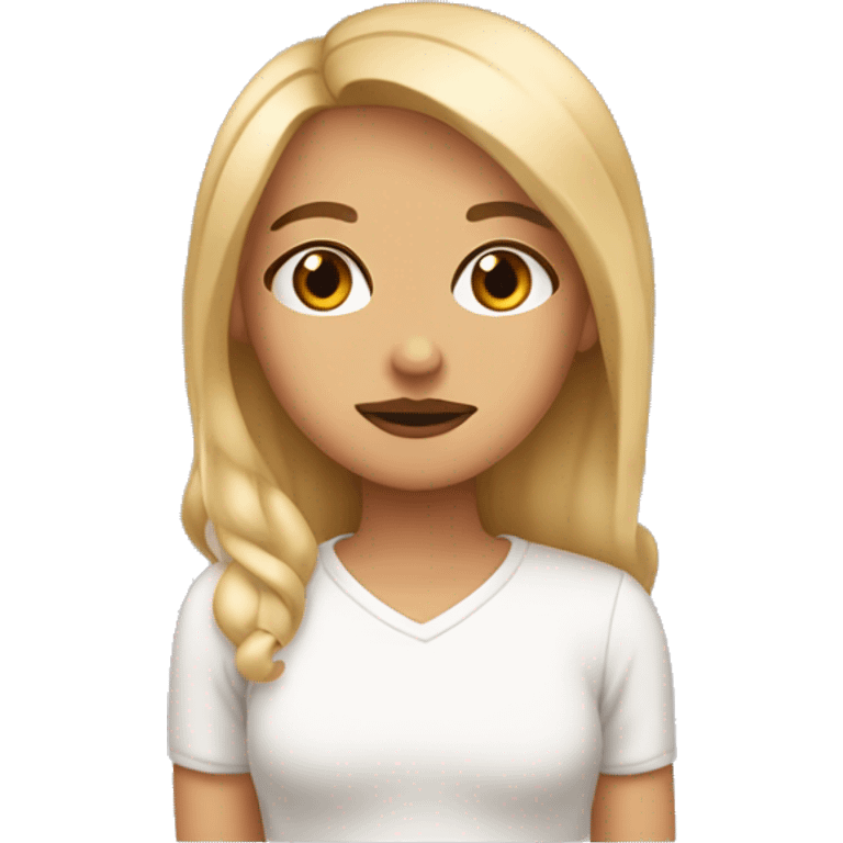 A girl with plump lips, brown eyes, and blond hair looks with condemnation emoji