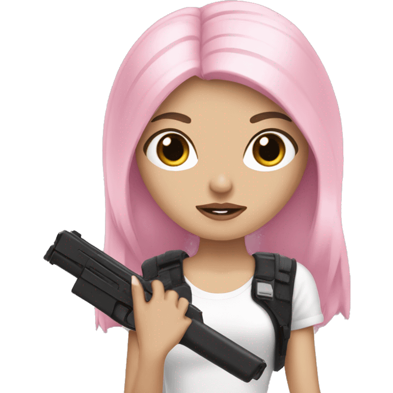 White Girl black hair  hand pink nails holding pink gun emoji