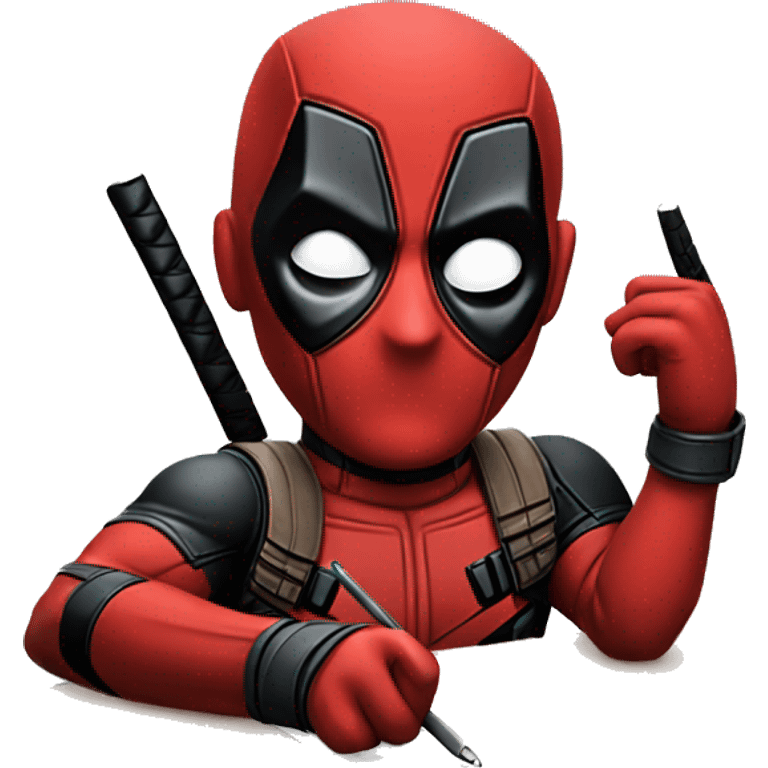 Cute Deadpool sitting at a desk, front view emoji