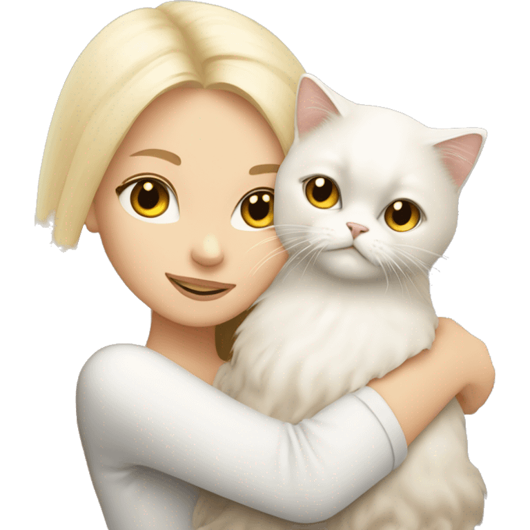 Blonde girl snuggling white Persian cat emoji