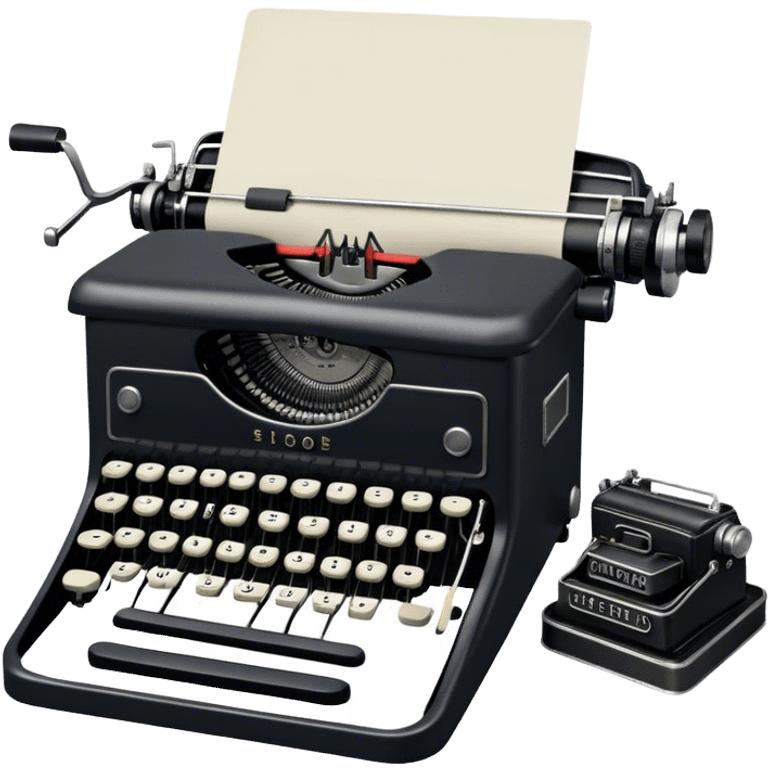 Create an emoji representing screenwriting. The design should feature an open script with visible dialogue and action lines, symbolizing the writing of a screenplay. Include a classic typewriter or modern writing device, such as a laptop, to signify the creative process. Place an old-style film camera next to the script to emphasize the cinematic connection. Use a professional color palette with black, white, and subtle metallic tones. Do not include any emojis or smiley faces. Make the background transparent emoji